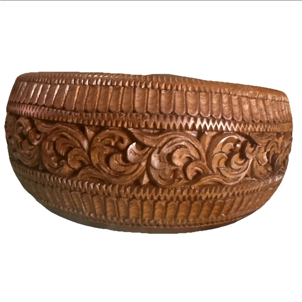 Hand Carved Wooden Bowl Set 6 Pcs Ornate Floral Vintage‎ Rustic Decor Boho Gift